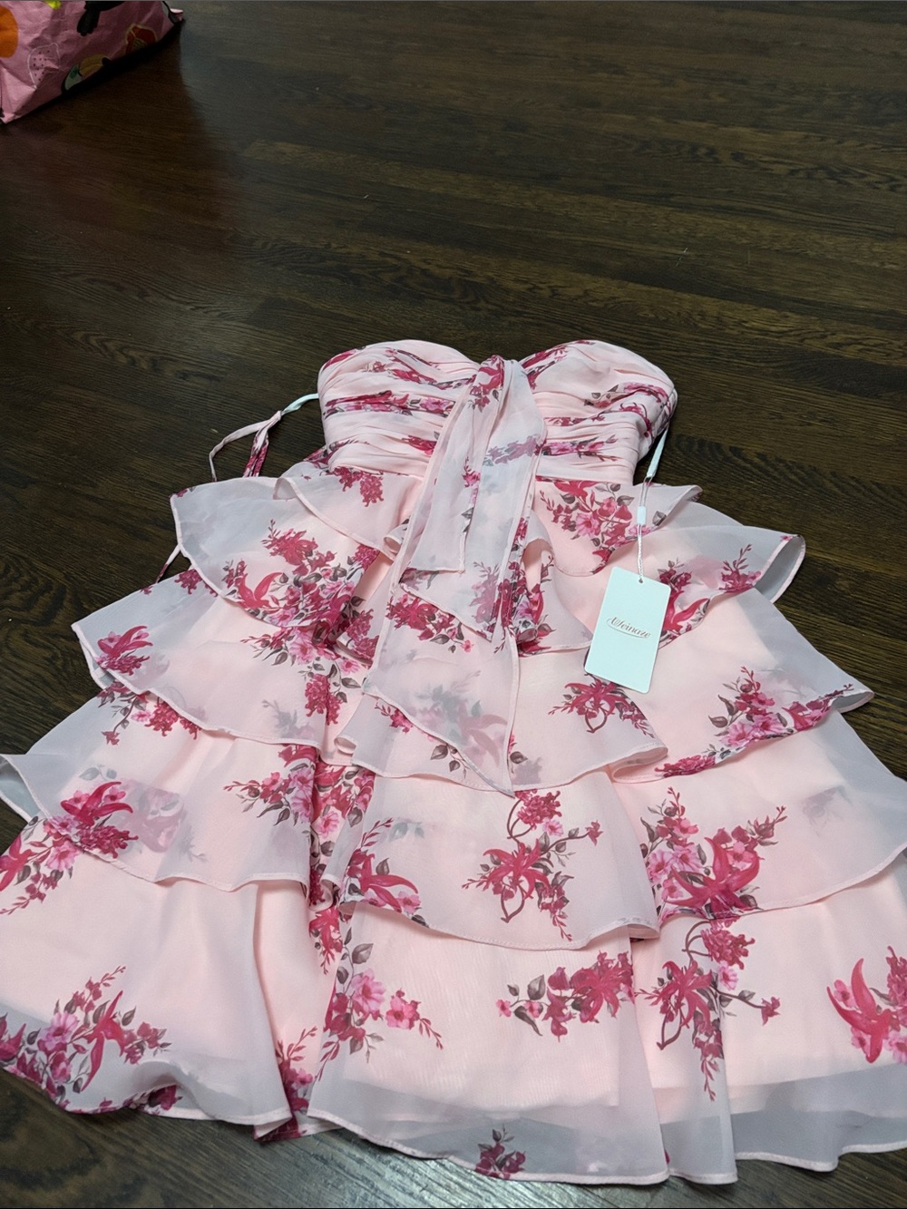 Strapless Pink Floral Tiered Mini Dress